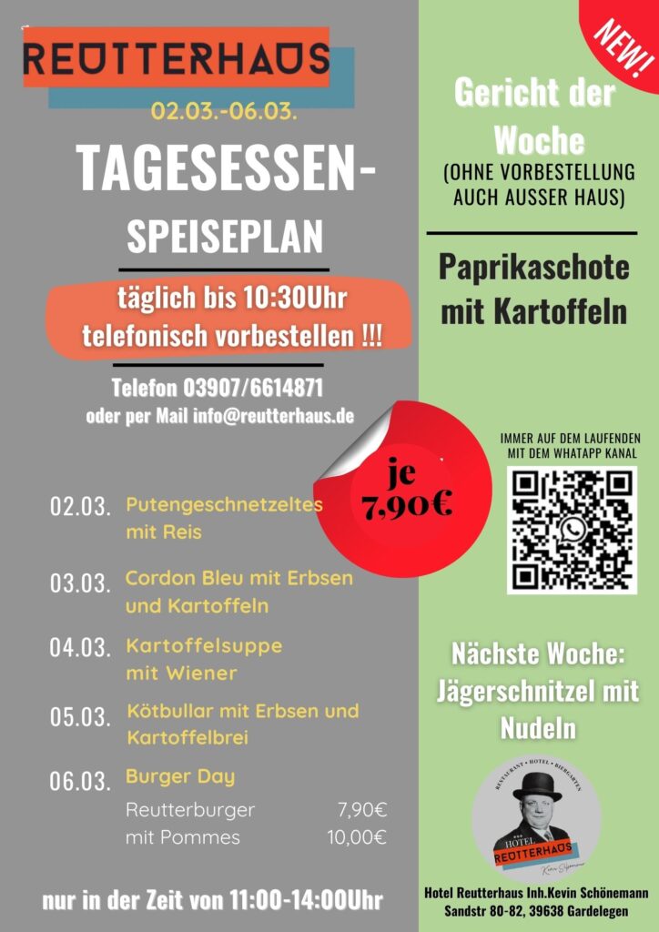 Tageskarte: 20.05.-23.05. Restaurant Reutterhaus Gardelegen