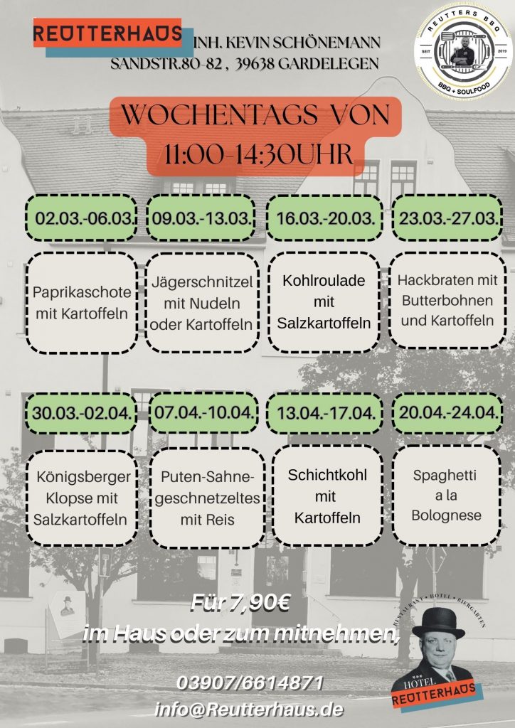 Wochenkarte: 20.05.-22.05. Restaurant Reutterhaus Gardelegen